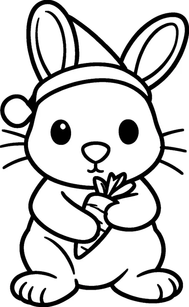 A sitting bunny with long ears wearing a Santa hat, holding a small carrot in both paws.