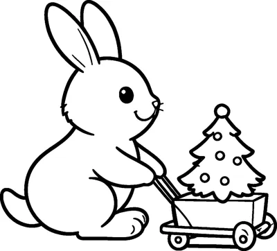 A happy bunny pushes a little wheeled cart carrying a small Christmas tree with baubles and a round topper.