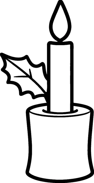 A tall lit candle standing in a round glass jar, with one spiky holly leaf tucked beside it.
