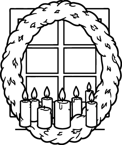 A big round wreath hangs on a four-pane window with a row of seven lit candles standing on the sill inside.