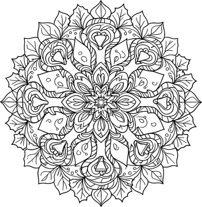 A round mandala combining striped candy canes, bells and holly leaves arranged around a central flower.