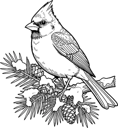 A crested cardinal bird perches on a snowy pine branch with long needles and pinecones hanging below it.