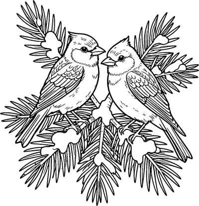 Two crested cardinals facing each other on a snow-dusted pine branch with long needles.