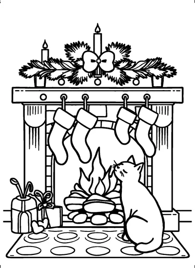 A cat sits by a crackling fireplace with four stockings, a garland with candles and presents on the floor.