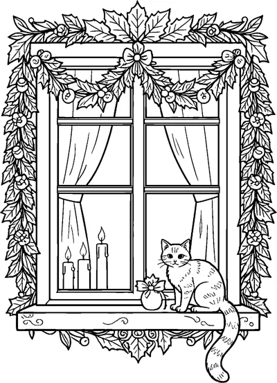 A tabby cat sits on a cottage windowsill beside three candles, with curtains inside and a holly garland around the window.