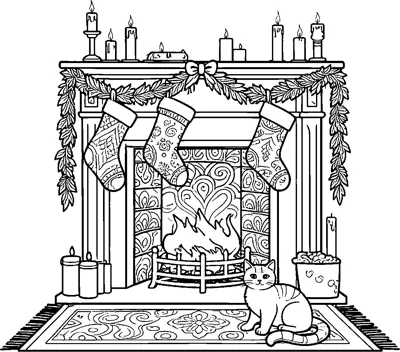 A cat sits on a patterned rug before a fireplace with stockings, garland and candles.