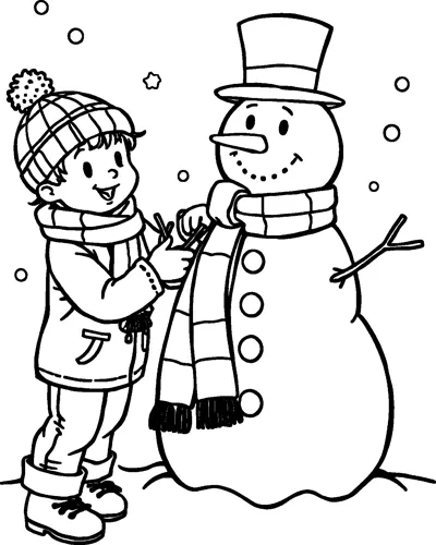 A child in a bobble hat wrapping a striped scarf around a snowman with a top hat and stick arm.