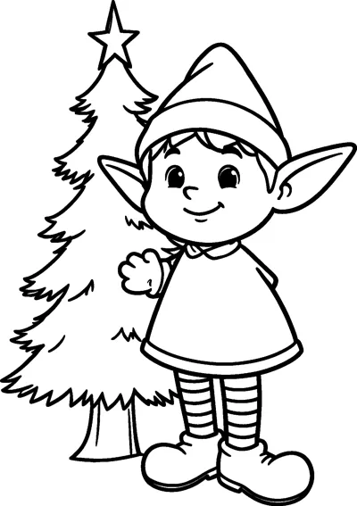 A smiling Christmas elf stands beside a Christmas tree with a star on top.