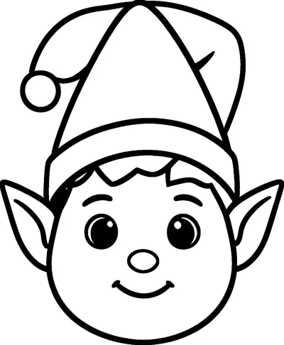 A friendly Christmas elf face with big round eyes, pointed ears and a floppy hat with a pompom.
