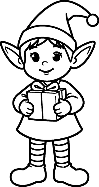 A Christmas elf with pointed ears holds a wrapped gift with a bow in front of its tunic.