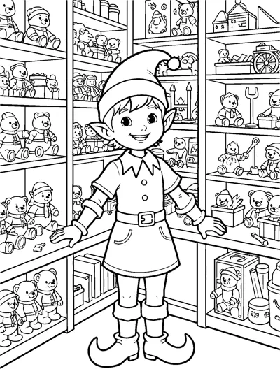 A smiling Christmas elf with pointed ears and curly shoes stands in a workshop lined with shelves full of teddy bears and toys.