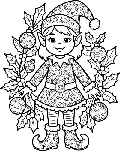 A Christmas elf girl with pointed ears wears a swirly patterned tunic and curly boots, surrounded by holly leaves and ornaments.
