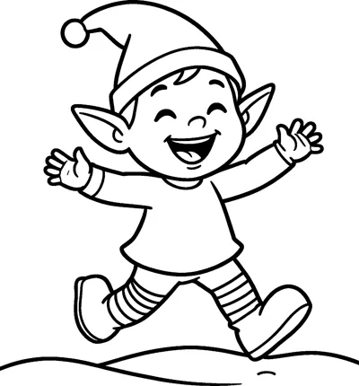 A laughing Christmas elf leaps across a snowy hill with both arms thrown wide.