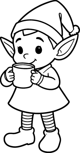 A Christmas elf with long pointed ears holds a mug of hot cocoa close to its face.