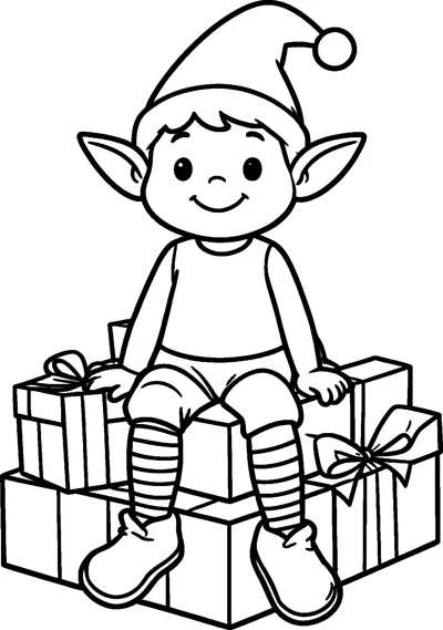 A Christmas elf in a pompom hat sits on top of a pile of wrapped presents.