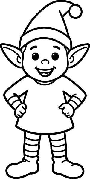 A cheerful Christmas elf with pointed ears and a pompom hat stands with both hands on its hips.