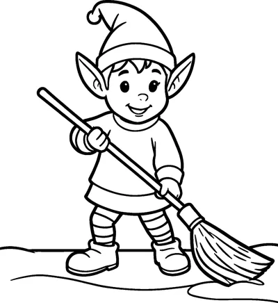 A Christmas elf with pointed ears sweeps snow away with a long broom.