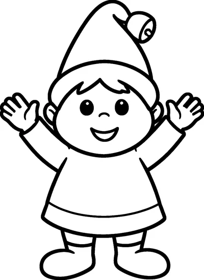 A smiling Christmas elf waves both hands in the air, wearing a tall pointy hat with a little bell on the tip.
