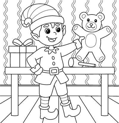 An elf in a pointed hat holds a teddy bear at a workbench with gifts, under the words Merry Christmas.