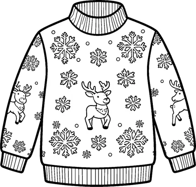 A knitted Christmas jumper covered in snowflakes and dots, with a reindeer on the front and on each sleeve.