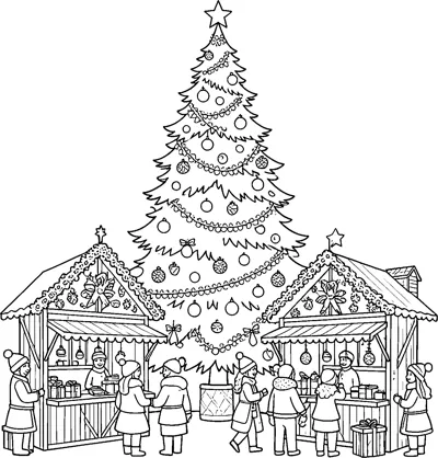Two decorated market stalls with shoppers in winter coats gathered beneath a tall star-topped Christmas tree.