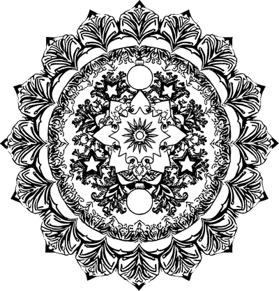 A round mandala with a sunburst center, stars, two baubles, holly-like sprigs and a ring of leafy petals.