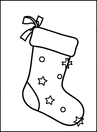 A Christmas stocking with a cuff and hanging loop, decorated with small stars and dots, inside a border.