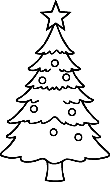 A tall Christmas tree with layered branches, round baubles, a star on top and a short trunk.