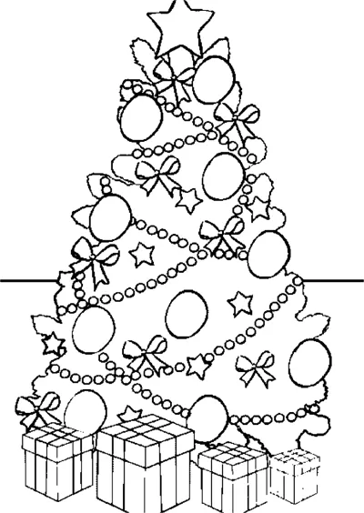 A Christmas tree hung with baubles, bows and garlands, with wrapped gifts stacked under it.