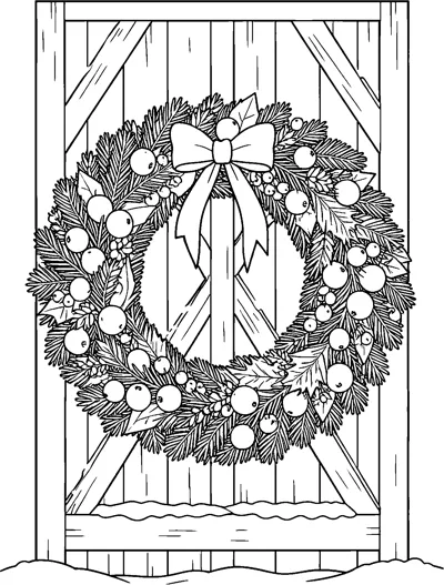 A large Christmas wreath with a ribbon bow, baubles and pine sprigs hanging on a wooden barn door with snow at its base.
