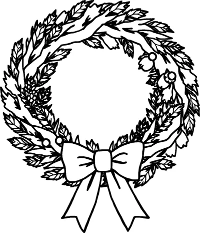 A round leafy Christmas wreath with small pinecones, berries and a big ribbon bow at the bottom.