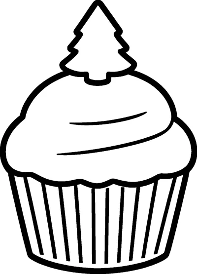 A cupcake in a ridged paper case with a big swirl of icing and a small Christmas tree on top.