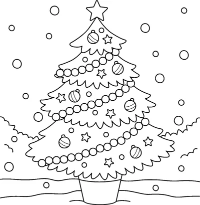 A Christmas tree with baubles, garlands and a star, under the words Merry Christmas.