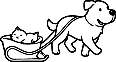 A happy dog in a harness trots along pulling a small sled with a smiling kitten lying inside it.
