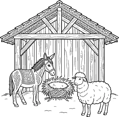 A wooden stable with a donkey and a woolly sheep standing either side of a hay-filled manger.