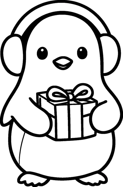 A round kawaii penguin wearing earmuffs holds a wrapped present with a bow.
