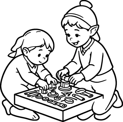 An elf and a child kneel at a tray of tools and toy parts, building a toy together.