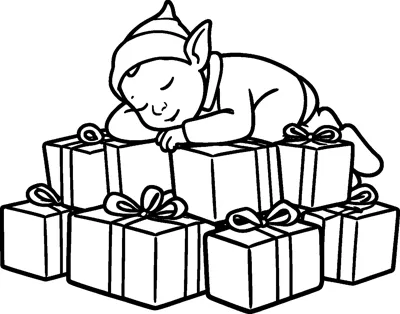 A little elf in a pointed hat lies fast asleep on top of a pile of wrapped presents, resting his head on his arms.