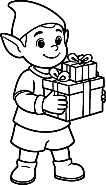 A smiling elf with pointed ears, a long hat, shorts and boots carries two wrapped presents stacked in his arms.