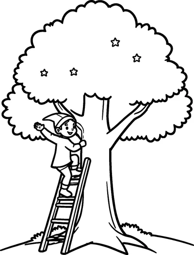A small elf climbs a tall ladder leaning against a huge leafy tree, reaching up to hang stars among the branches.