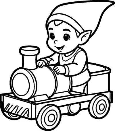 A smiling elf in a long pointed hat leans over a wooden toy train, holding a small paintbrush above the engine's funnel.