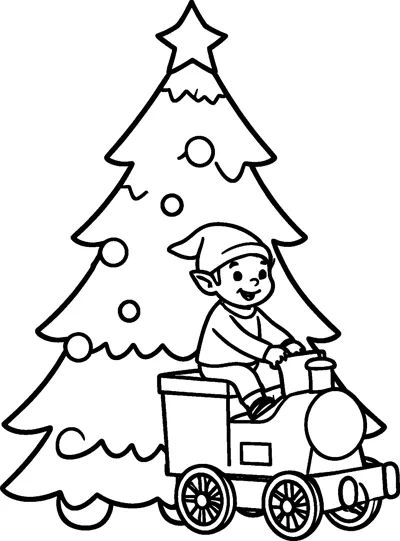 A cheerful elf in a pointed hat rides a toy steam train past a tall Christmas tree topped with a star.