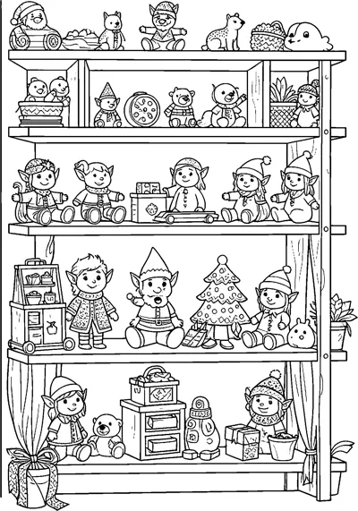 Wooden workshop shelves lined with elf dolls, teddy bears, toy trains and other handmade toys.