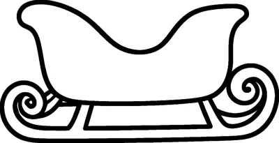 An empty sleigh with a high curved seat sitting on two long runners that curl into spirals at each end.