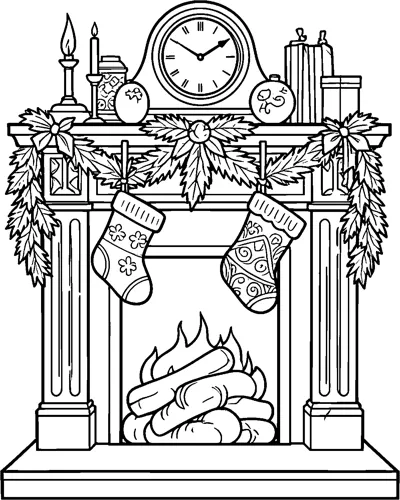 A fireplace with a crackling fire, two patterned stockings, a garland and a clock and candles on the mantel.
