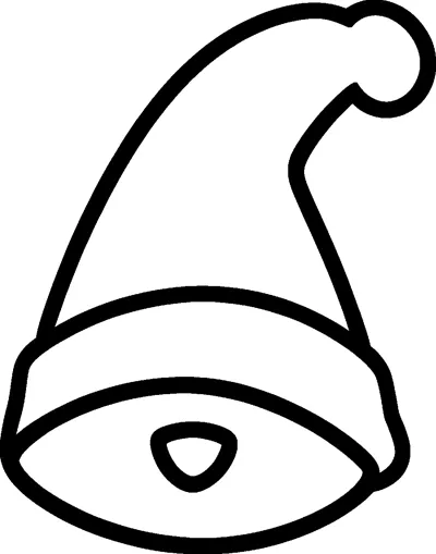 A tall floppy elf hat with a wide brim, a curled tip and a round pompom hanging from the end.