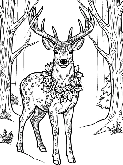 A stag with tall antlers stands in a winter forest wearing a holly wreath around its neck, with patterned spots on its coat.