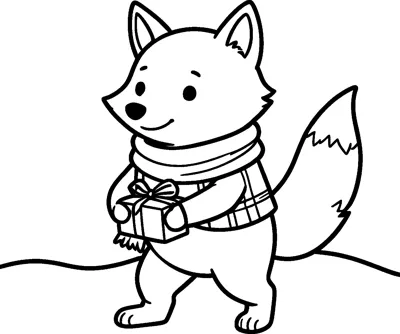 A friendly fox in a cosy scarf walks over a snowy hill, holding a small wrapped present with a bow.