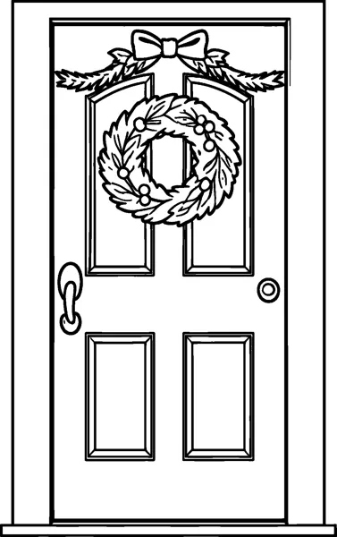 A panelled front door with a round leafy wreath in the middle and a bow-tied garland above.