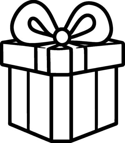 A square wrapped gift box with a ribbon and a huge bow on top that spreads out wider than the box itself.